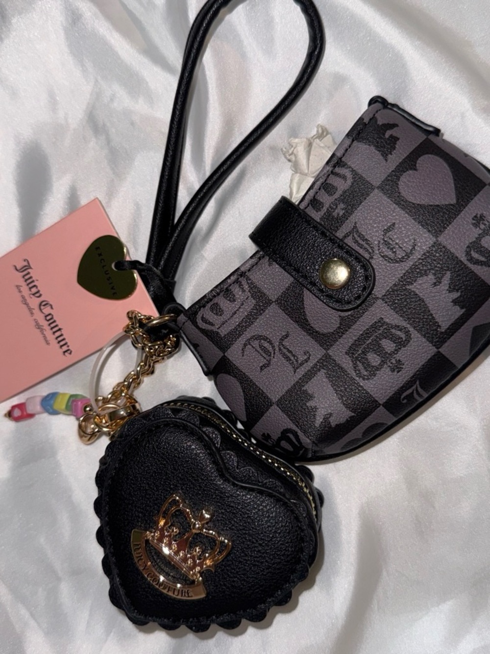 Juicy Couture Black & Gray Checker Wristlet with Heart Coin Pouch